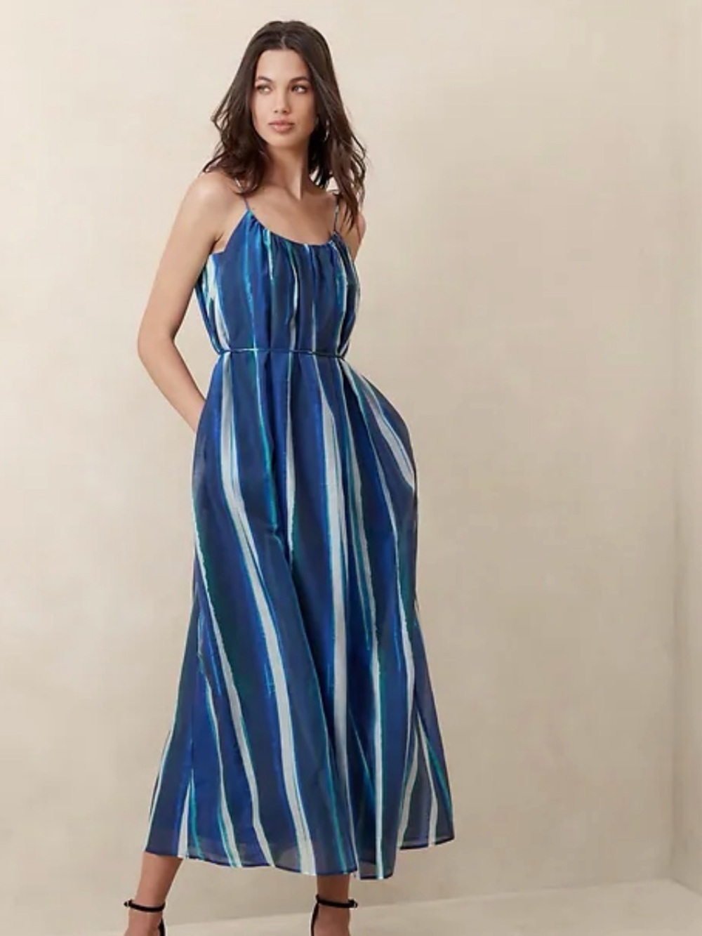 Banana Republic Organza Blue Striped Sleeveless Maxi Dress Medium NWT 150 MSRP